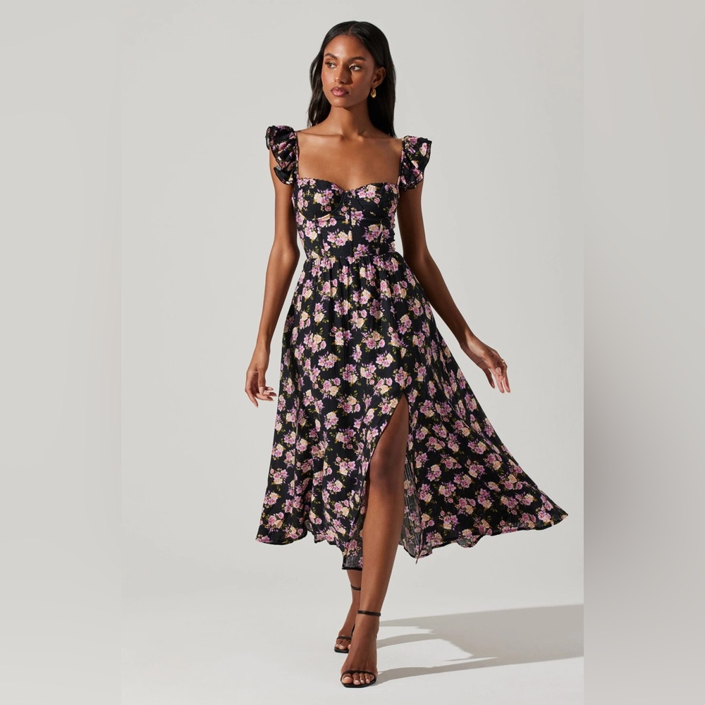 Astr Black Floral Midi Dress with Pink Roses